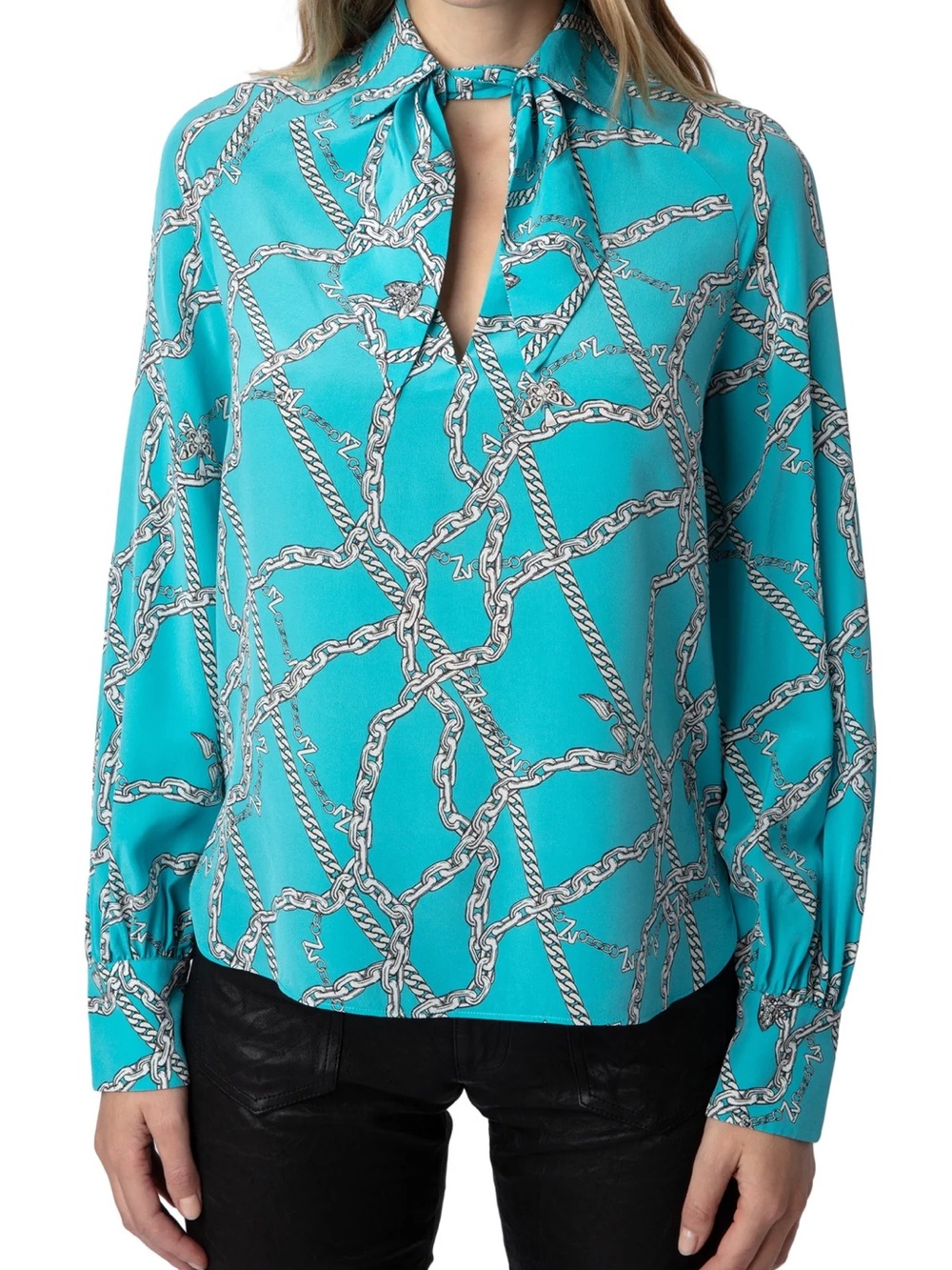 Zadig & Voltaire Turquoise Chain-Print Tie-Neck Blouse